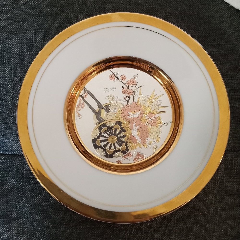 WESTLAND The Art of Chokin Decorative Flower Wagon Plate 24K Gold Edged